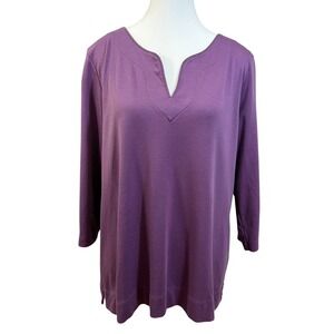 LL Bean Top Womens XL Purple Good Supima Cotton 3/4 Sleeve Split Neck READ